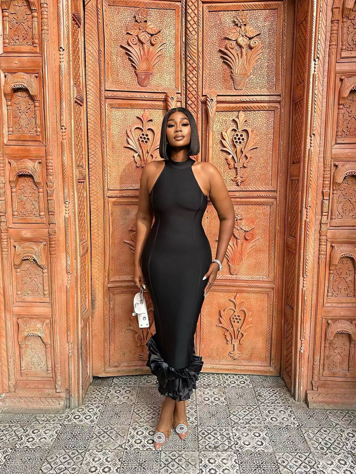 Women's Formal Solid Patchwork Slit Wrapped Skirt Black Dress - Image 2