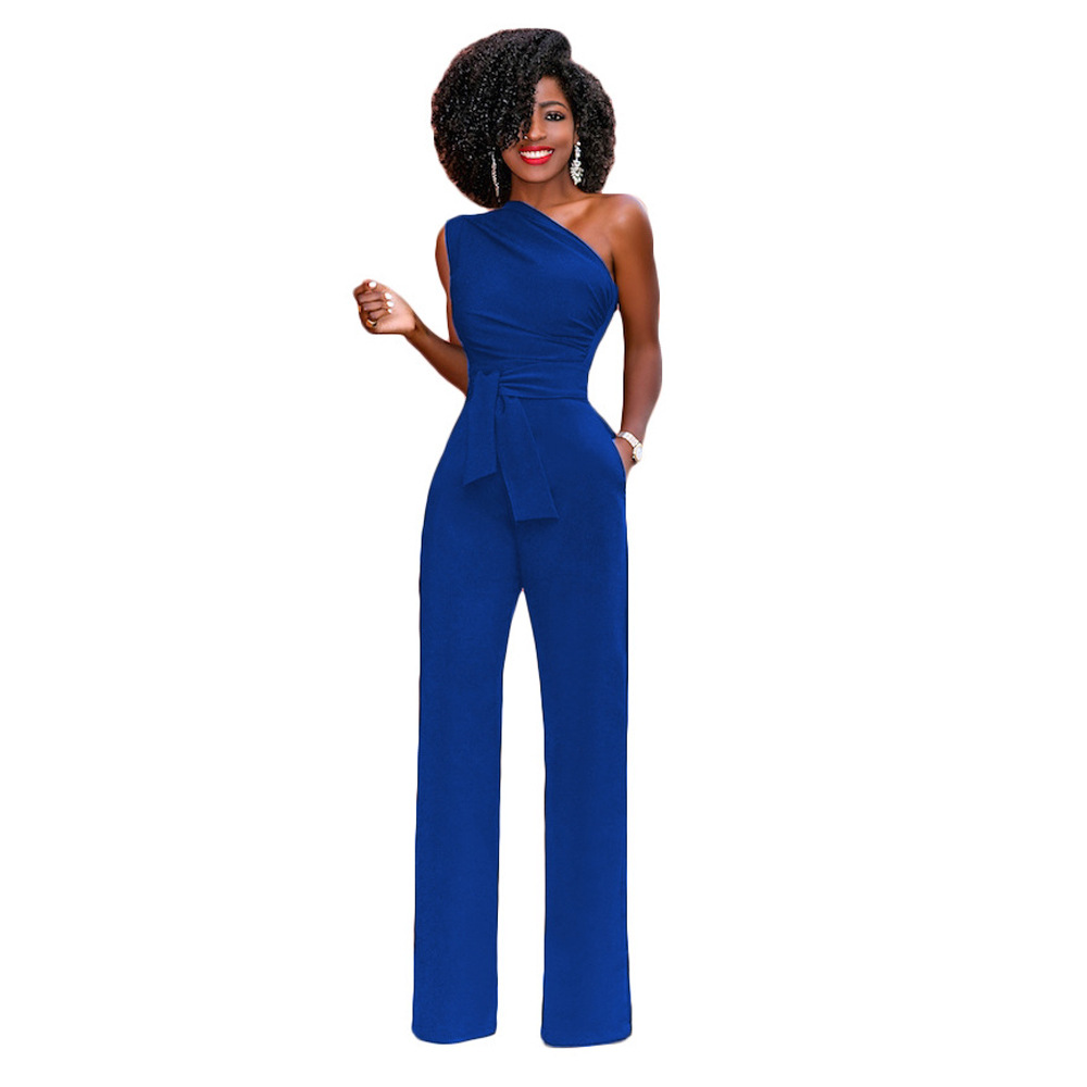 Women's Solid Color Slant Collar Buttoned Jumpsuit Wide Leg Pants - Image 3