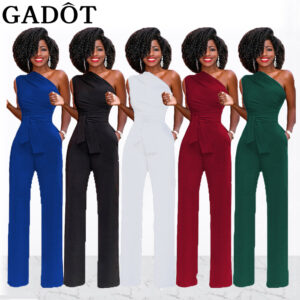 Women's Solid Color Slant Collar Buttoned Jumpsuit Wide Leg Pants