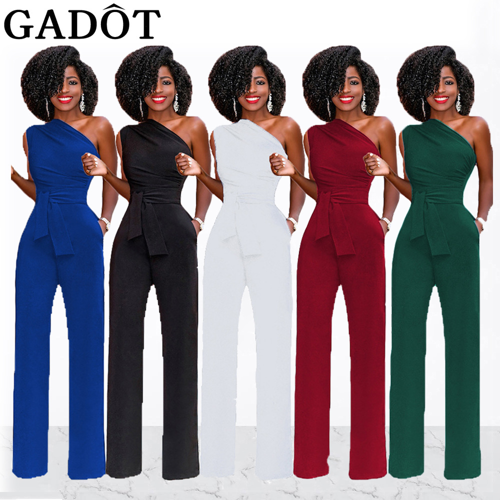 Women's Solid Color Slant Collar Buttoned Jumpsuit Wide Leg Pants