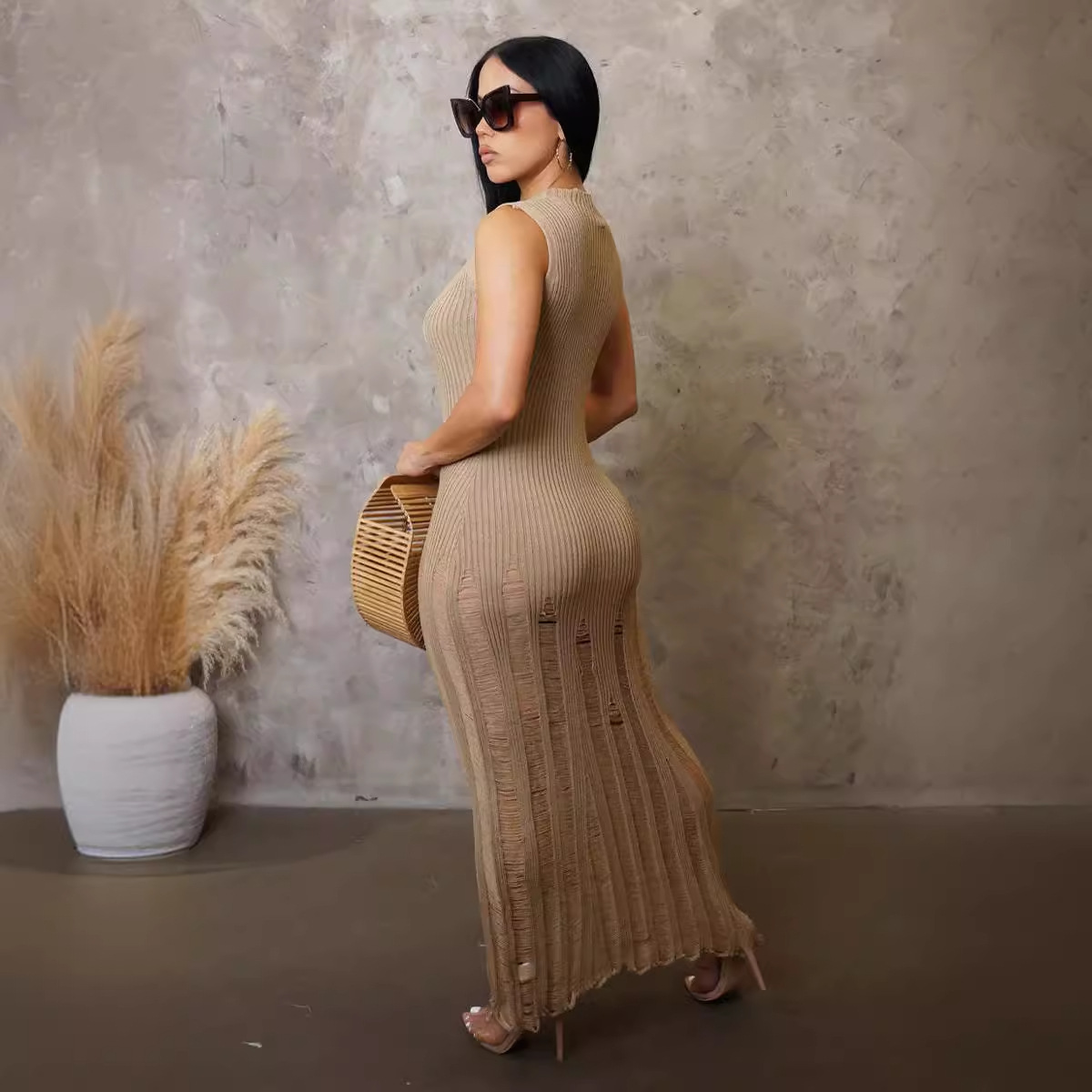 Plain Crew Neck Sleeveless Knit Fabric Elegant Dress - Image 4