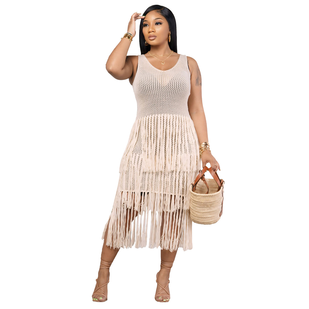 Plain Crew Neck Sleeveless Tassel Elegant Dress - Image 5