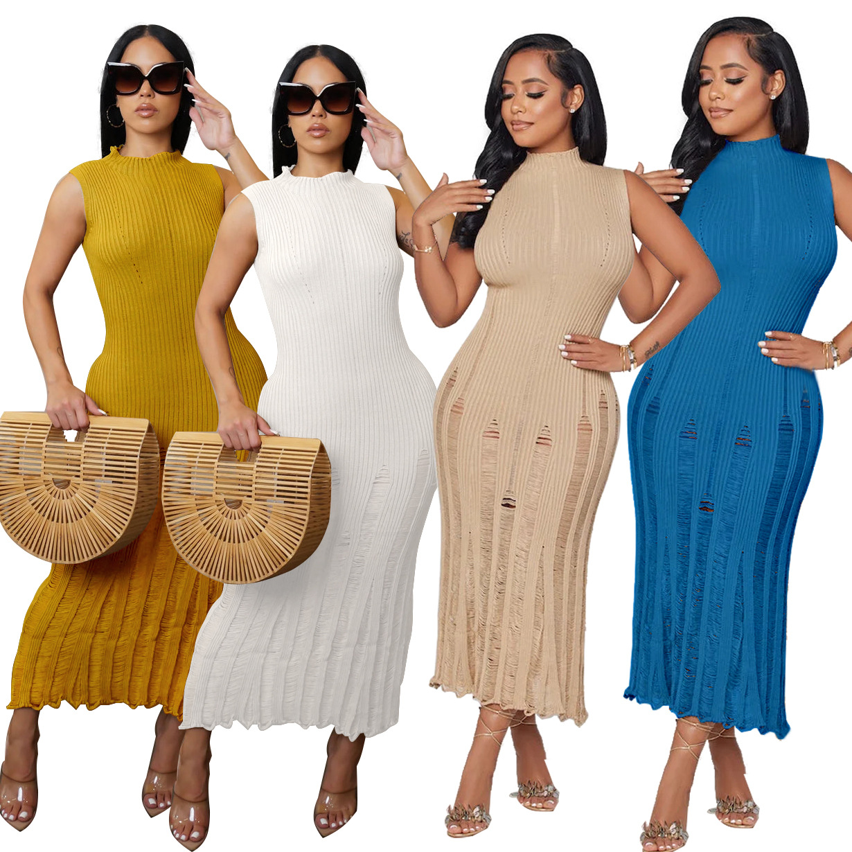 Plain Crew Neck Sleeveless Knit Fabric Elegant Dress