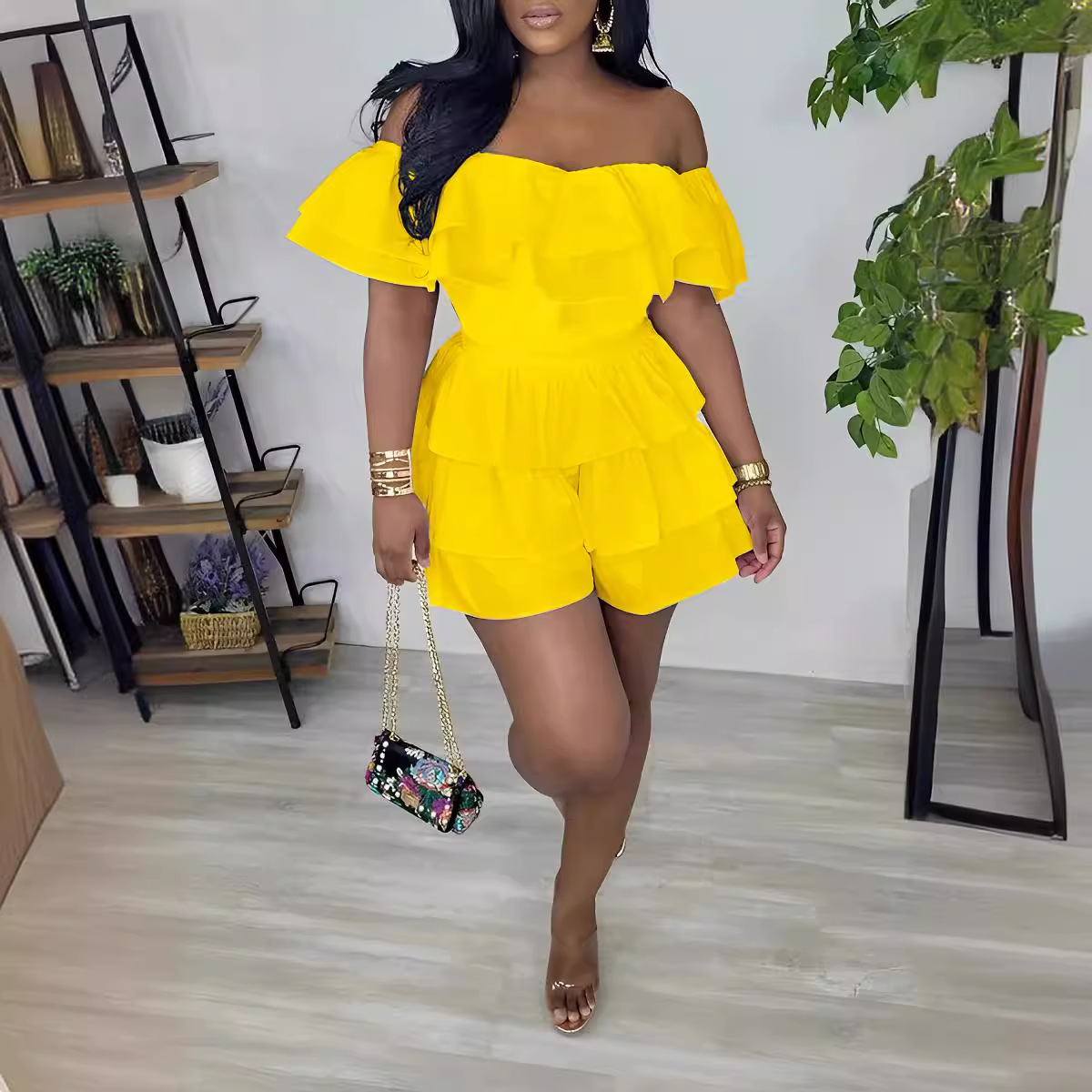 Plain Off Shoulder Ruffle Short Sleeve Casual Jumpsuit - Image 5