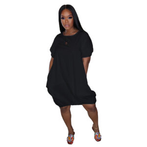 Plain Crew Neck Puff Sleeve Casual Dress