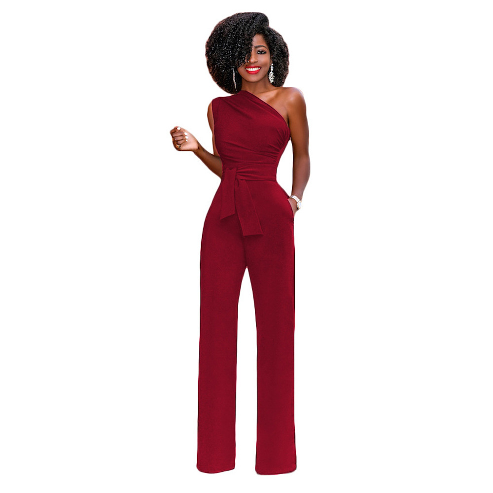Women's Solid Color Slant Collar Buttoned Jumpsuit Wide Leg Pants - Image 4
