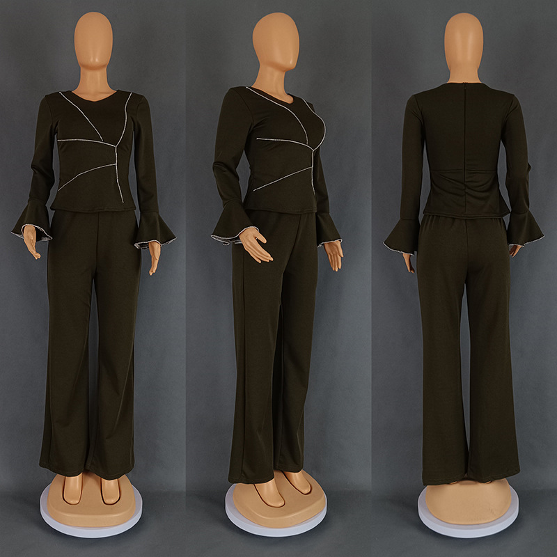 Women's Flare Sleeve V-Neck Top Wide-leg Pants Elegant Two-piece Set - Image 6