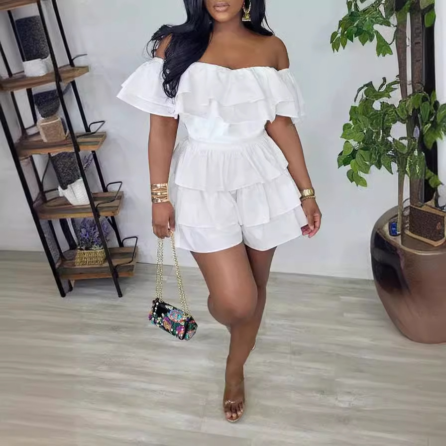 Plain Off Shoulder Ruffle Short Sleeve Casual Jumpsuit - Image 3