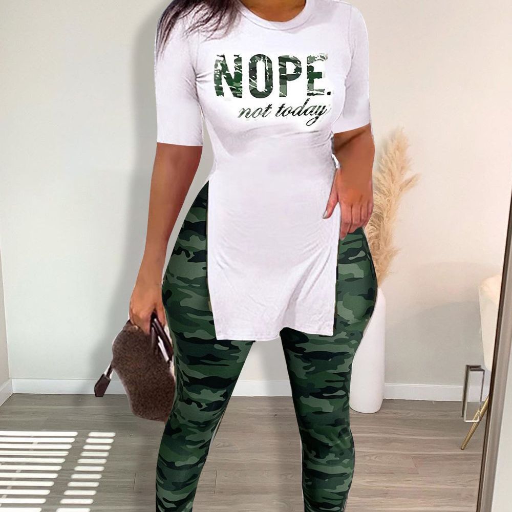 Camouflage Crew Neck Short Sleeve Split Casual Pants Set - Image 6