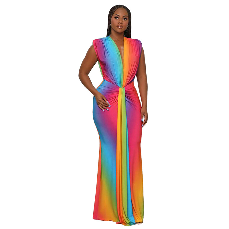Gradation Print Deep V Neck Sleeveless Pleat Elegant Dress - Image 4