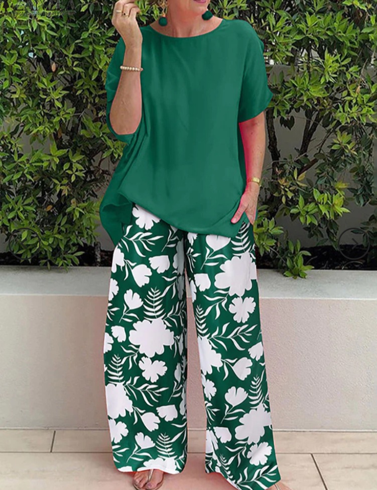 Print Crew Neck Short Sleeve Casual Pants Set - Image 6