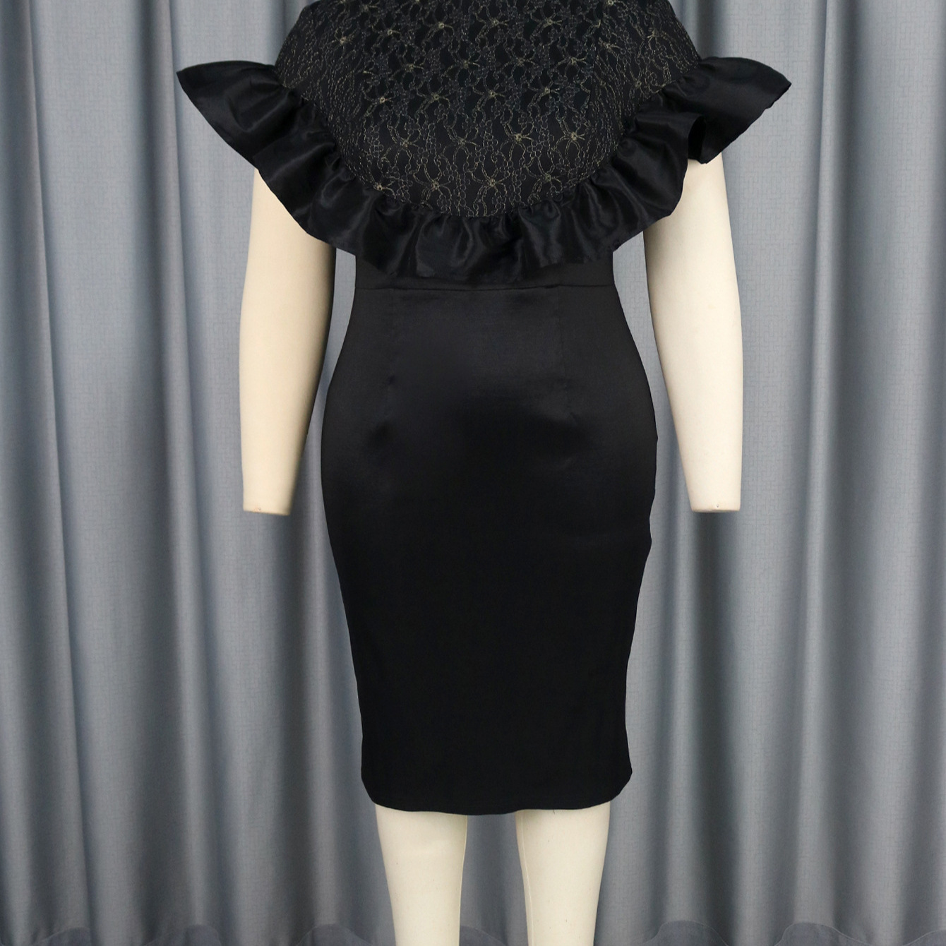 Women's Lace Splice Short Sleeve Party Elegant Black Dress - Image 2