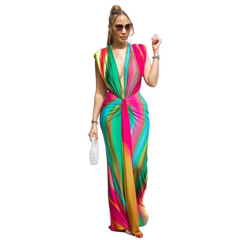 Gradation Print Deep V Neck Sleeveless Pleat Elegant Dress - Image 2