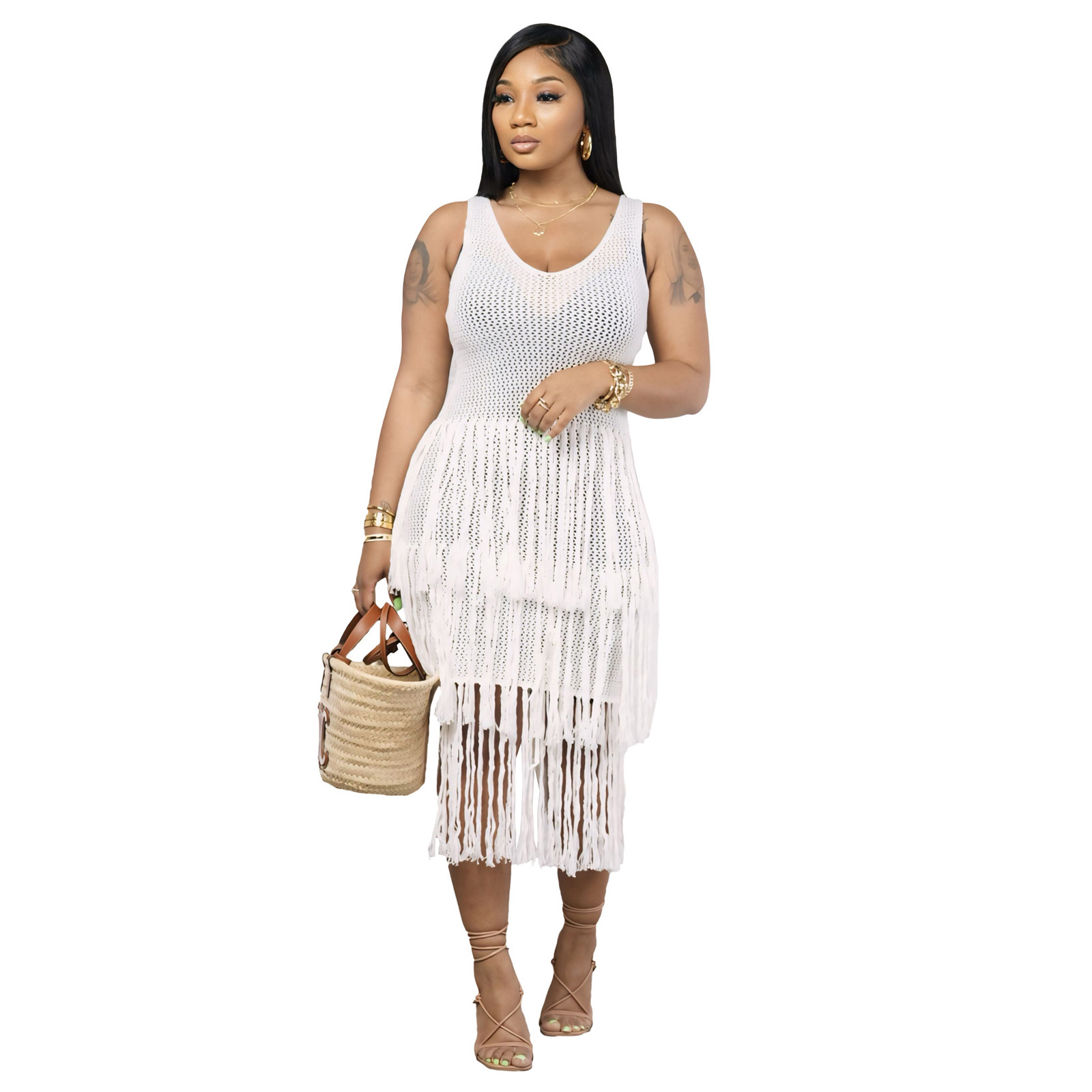 Plain Crew Neck Sleeveless Tassel Elegant Dress - Image 6