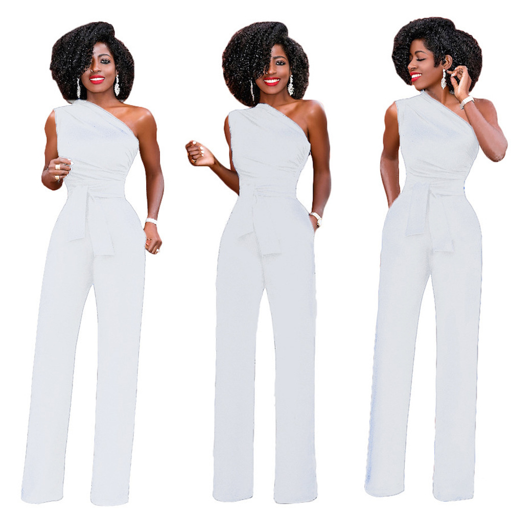 Women's Solid Color Slant Collar Buttoned Jumpsuit Wide Leg Pants - Image 6