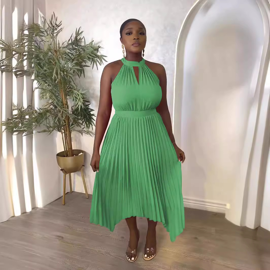 Women's Sleeveless Off-shoulder Pleated Irregular Halterneck Summer Dress - Image 3