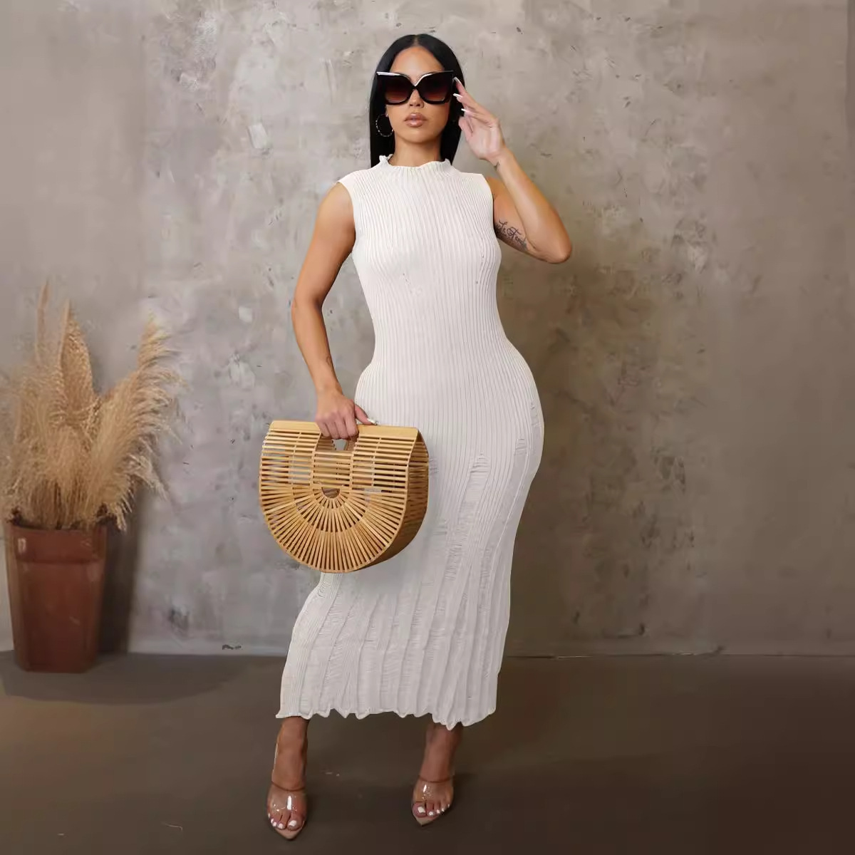Plain Crew Neck Sleeveless Knit Fabric Elegant Dress - Image 2