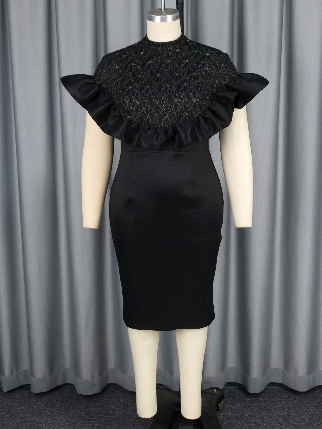 Women's Lace Splice Short Sleeve Party Elegant Black Dress - Image 6