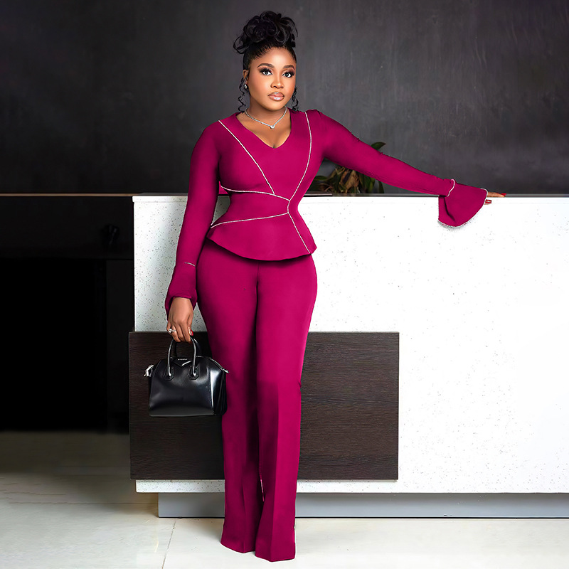 Women's Flare Sleeve V-Neck Top Wide-leg Pants Elegant Two-piece Set - Image 3