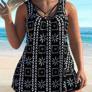 Women's Plus Size Printing V-Neck Beach Swimsuit Tankini