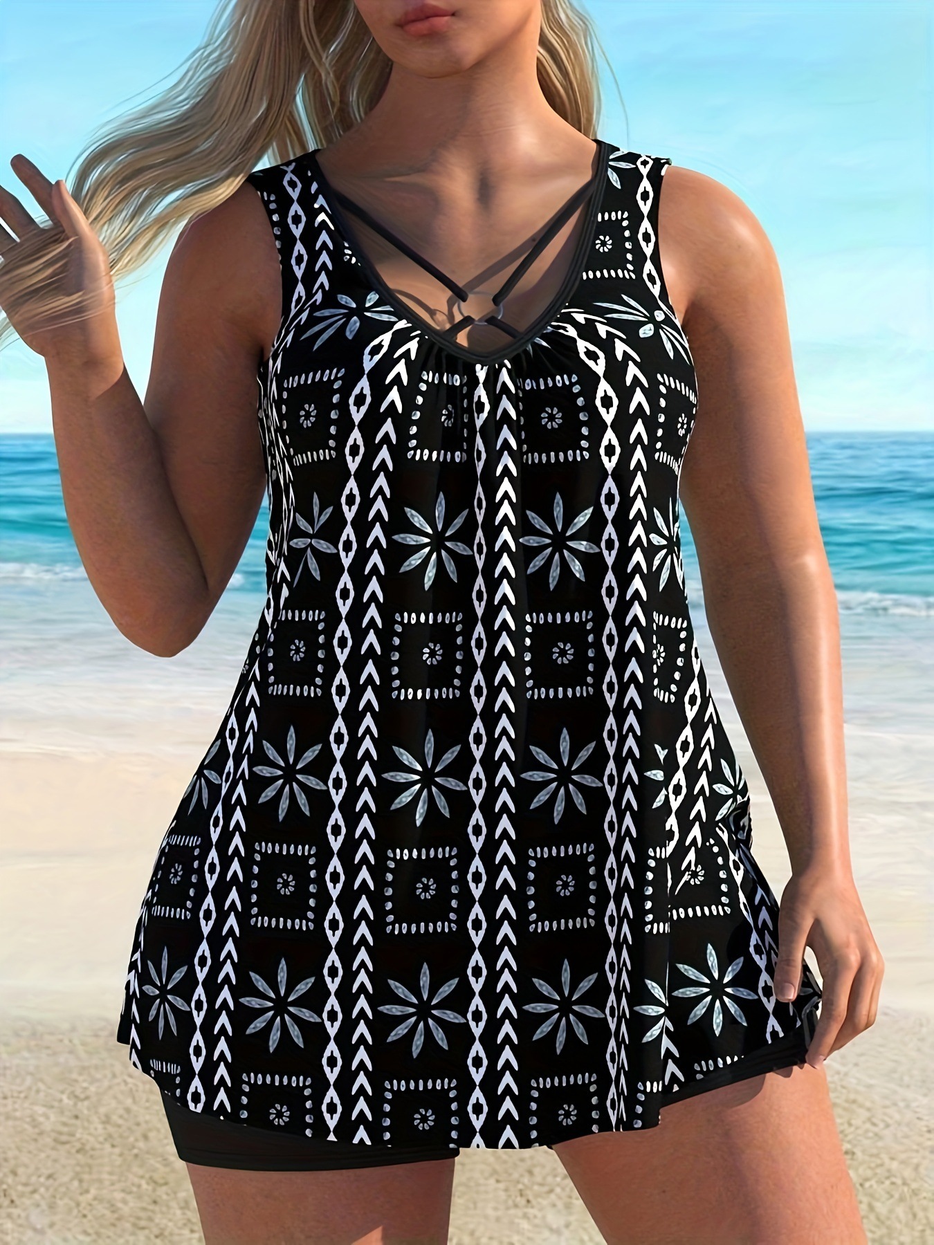 Women's Plus Size Printing V-Neck Beach Swimsuit Tankini