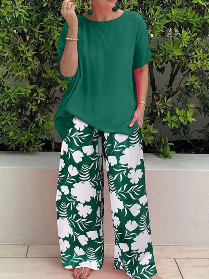Print Crew Neck Short Sleeve Casual Pants Set - Image 2
