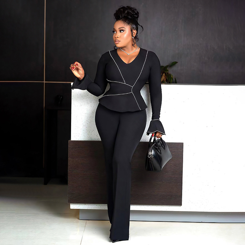 Women's Flare Sleeve V-Neck Top Wide-leg Pants Elegant Two-piece Set - Image 2
