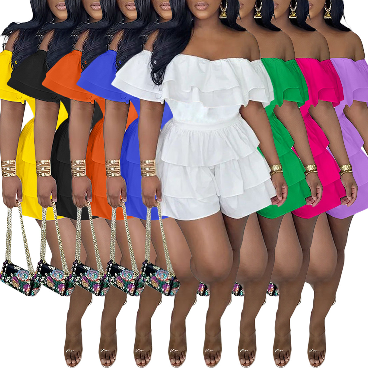 Plain Off Shoulder Ruffle Short Sleeve Casual Jumpsuit - Image 2
