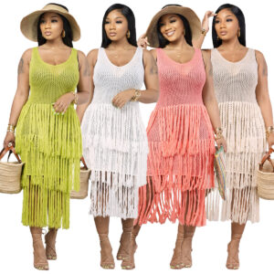 Plain Crew Neck Sleeveless Tassel Elegant Dress