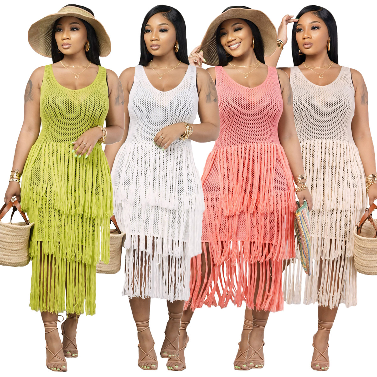 Plain Crew Neck Sleeveless Tassel Elegant Dress